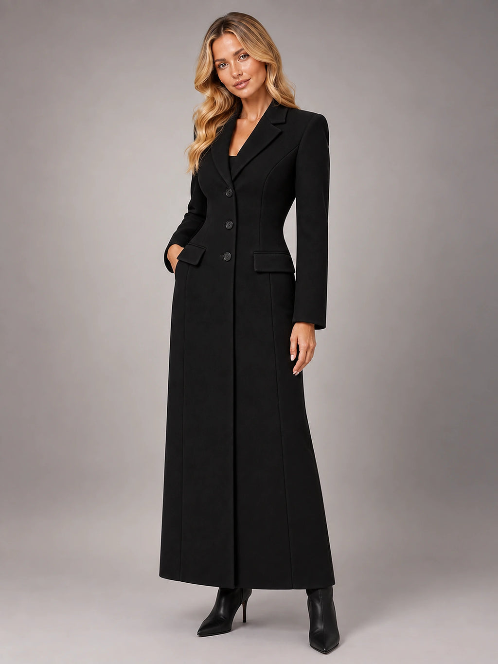 Women's Longline Tailored Coat – Single-Breasted Lapel in Black — alternate view