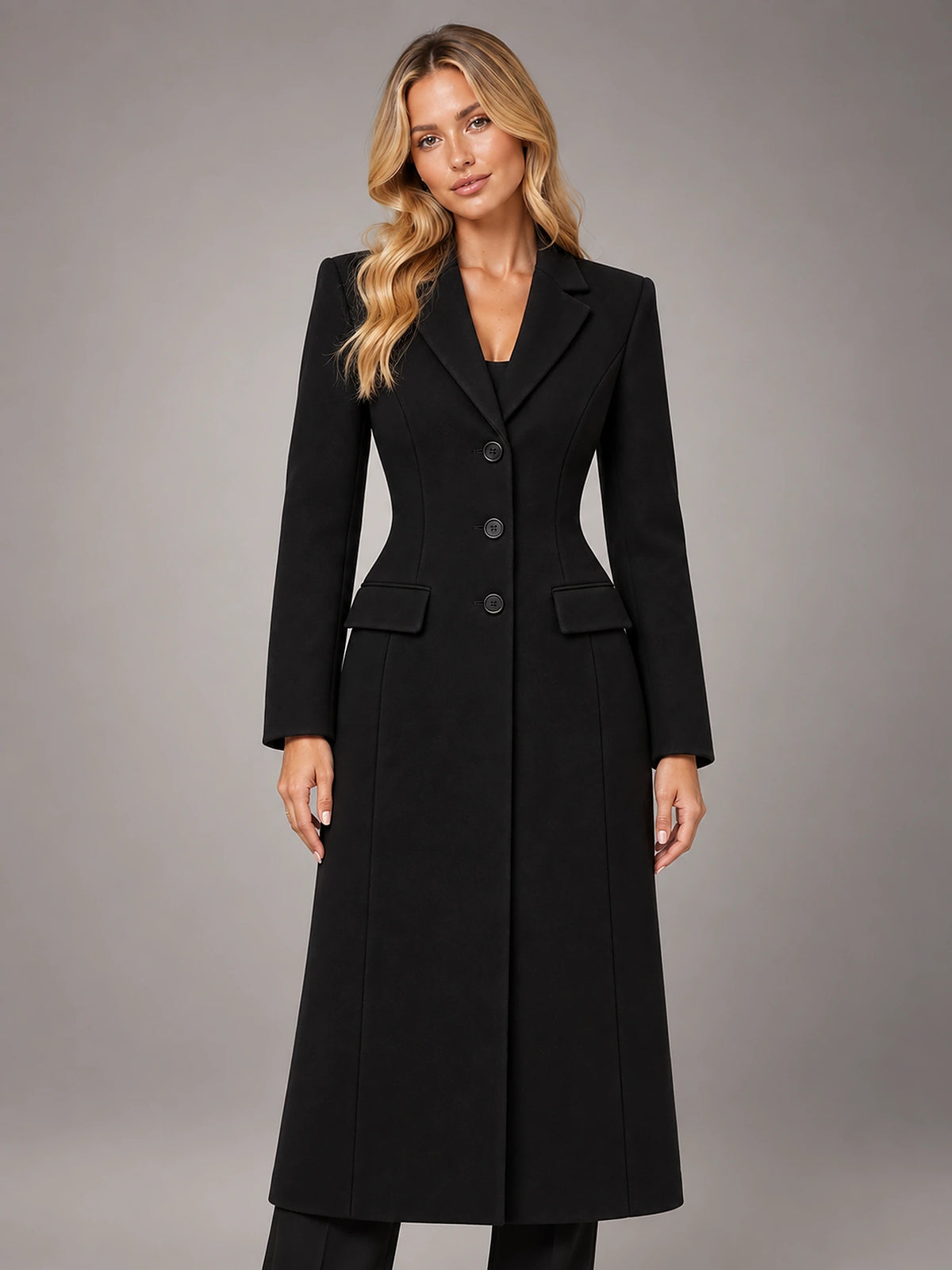 Women's Longline Tailored Coat – Single-Breasted Lapel in Black — front view