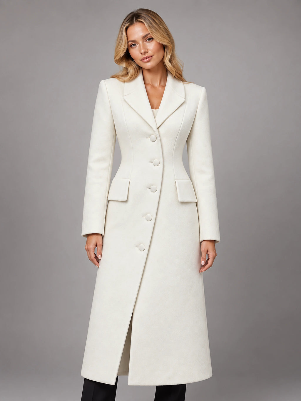 Women's Longline Tailored Coat – Single-Breasted Lapel in White — front view