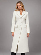 Women's Longline Tailored Coat – Single-Breasted Lapel in White — front view