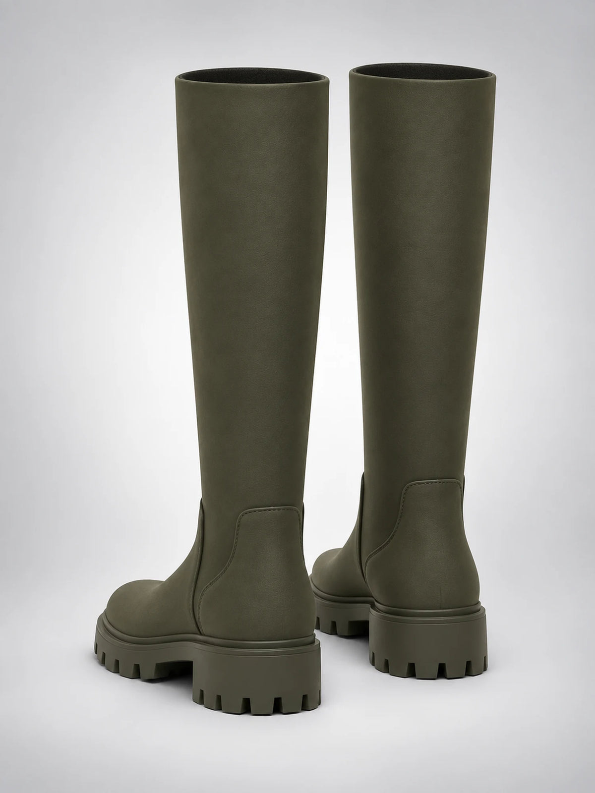 Women's Lug-Sole Knee-High Boots – Round Toe in Dark Olive — back view