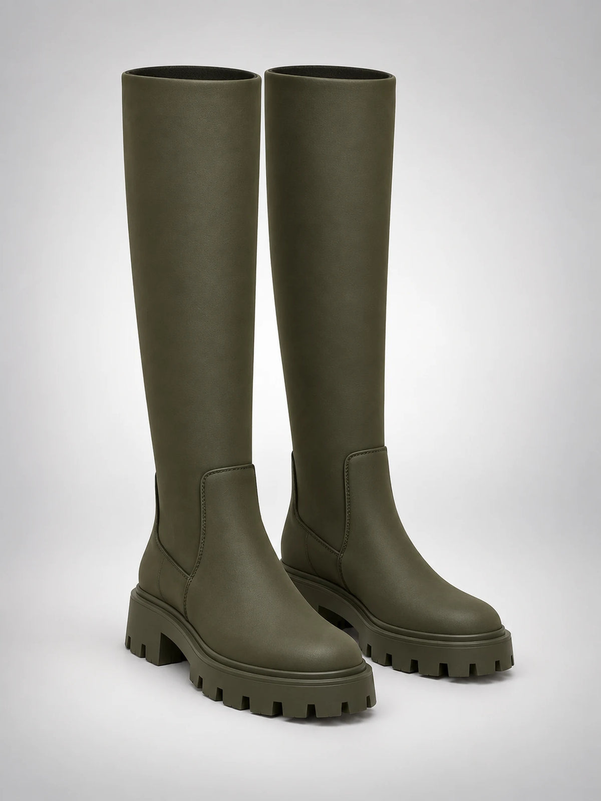 Women's Lug-Sole Knee-High Boots – Round Toe in Dark Olive — side view