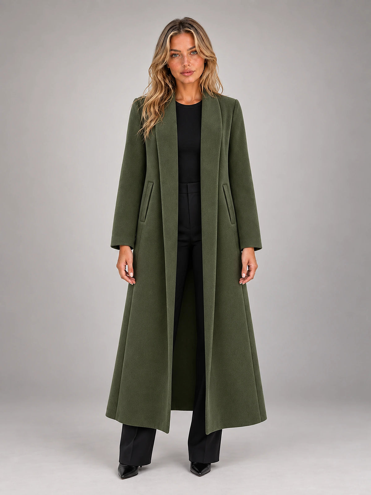 Women's Maxi Longline Coat – Open Front Relaxed in Army Green — front view