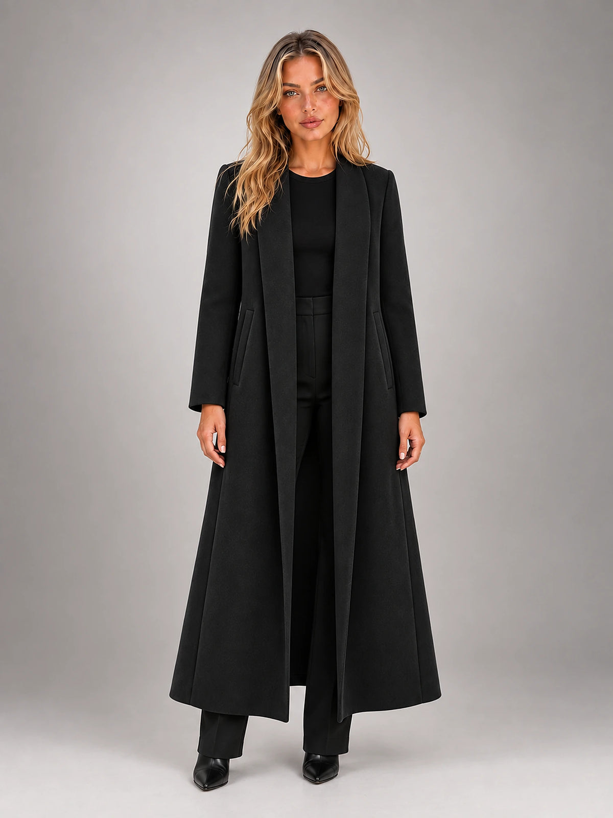Women's Maxi Longline Coat – Open Front Relaxed in Black — front view
