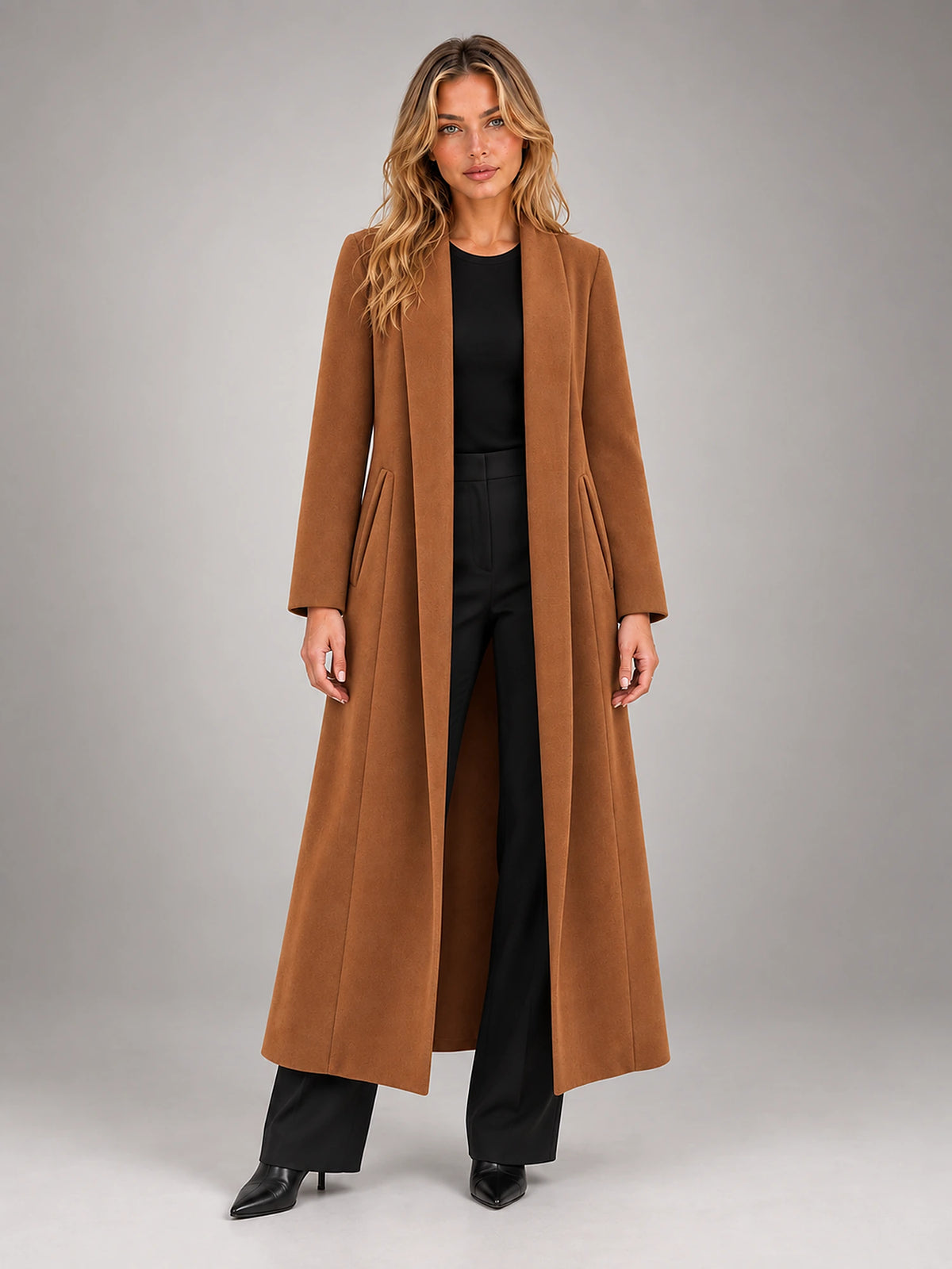 Women's Maxi Longline Coat – Open Front Relaxed in Brown — front view