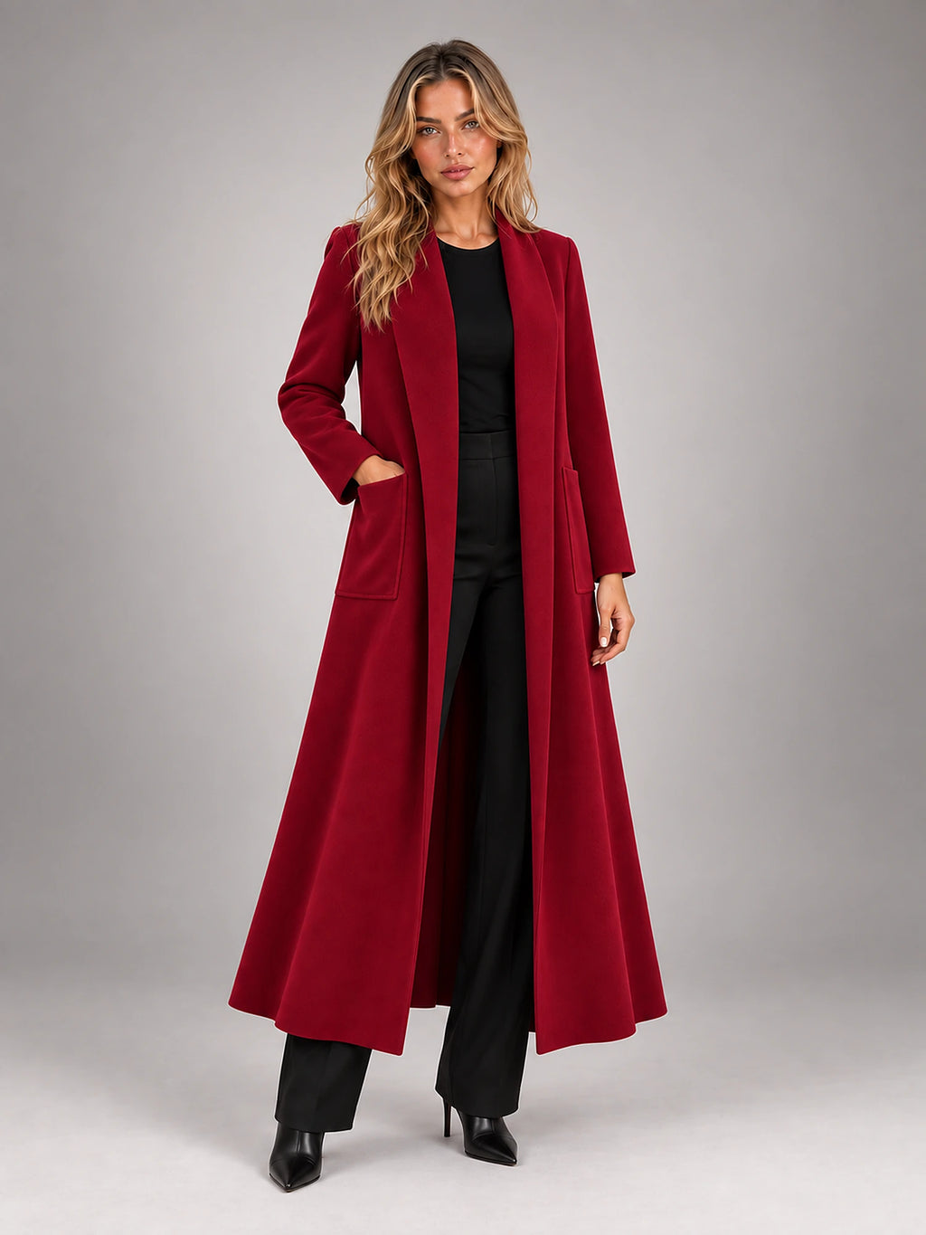 Women's Maxi Longline Coat – Open Front Relaxed in Burgundy — alternate view