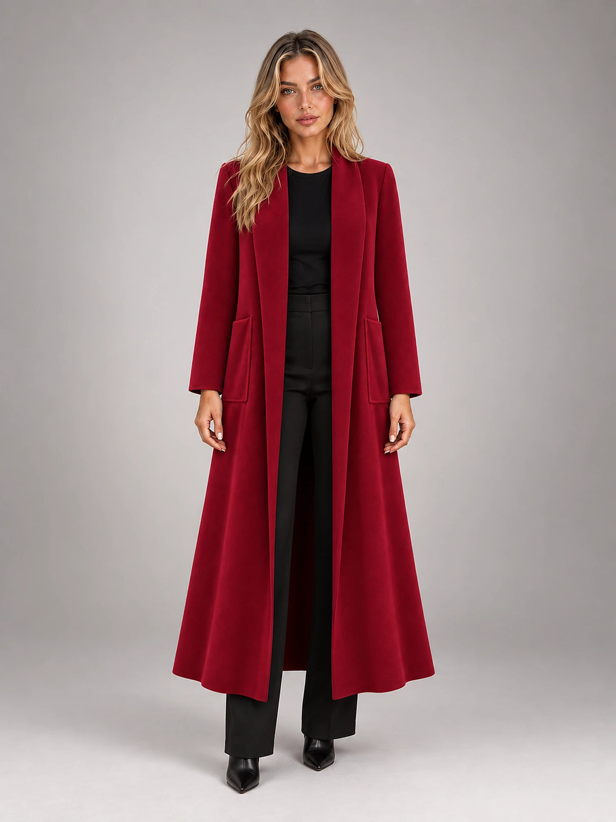Women's Maxi Longline Coat – Open Front Relaxed in Burgundy — front view