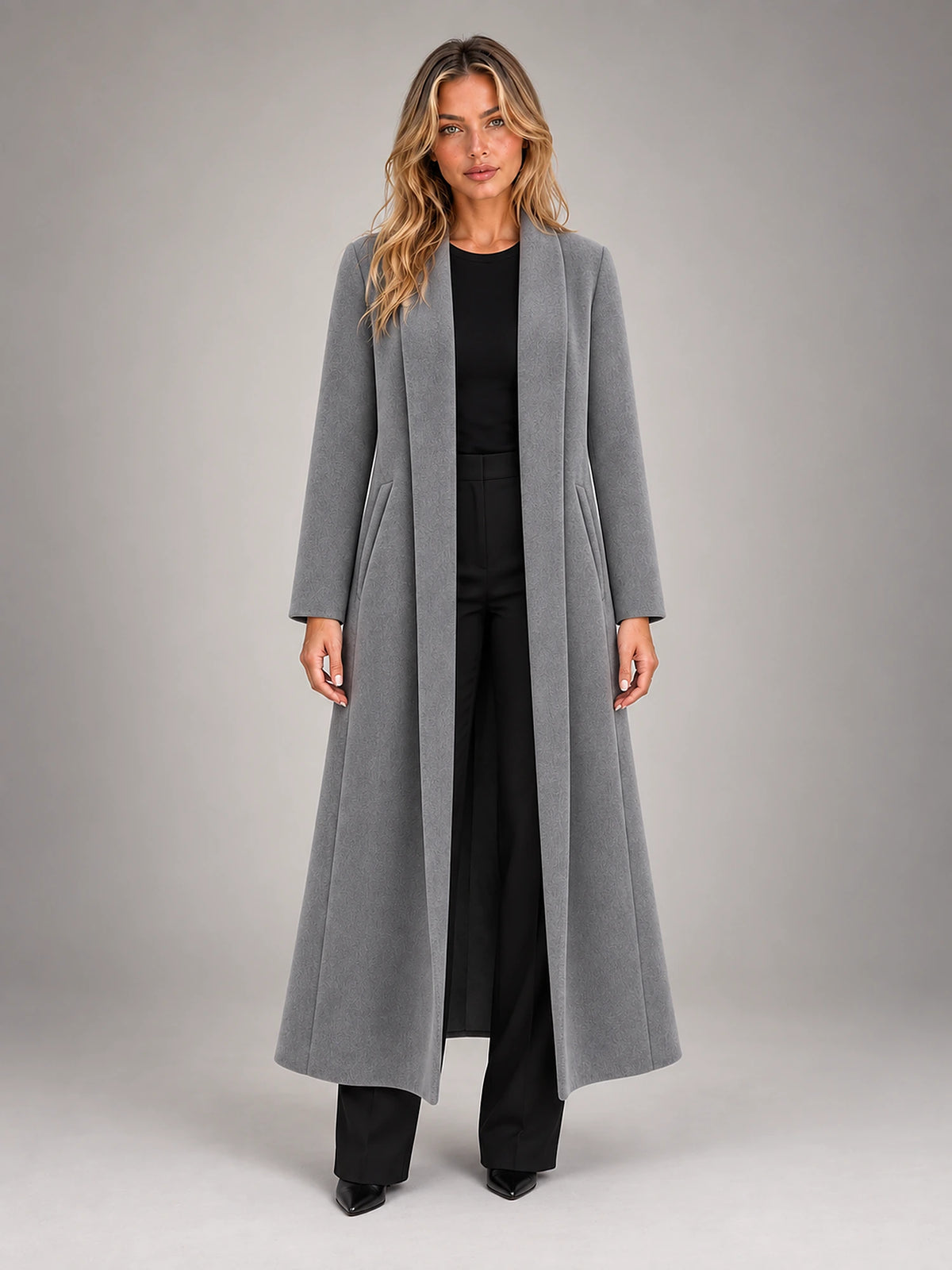 Women's Maxi Longline Coat – Open Front Relaxed in Grey — front view
