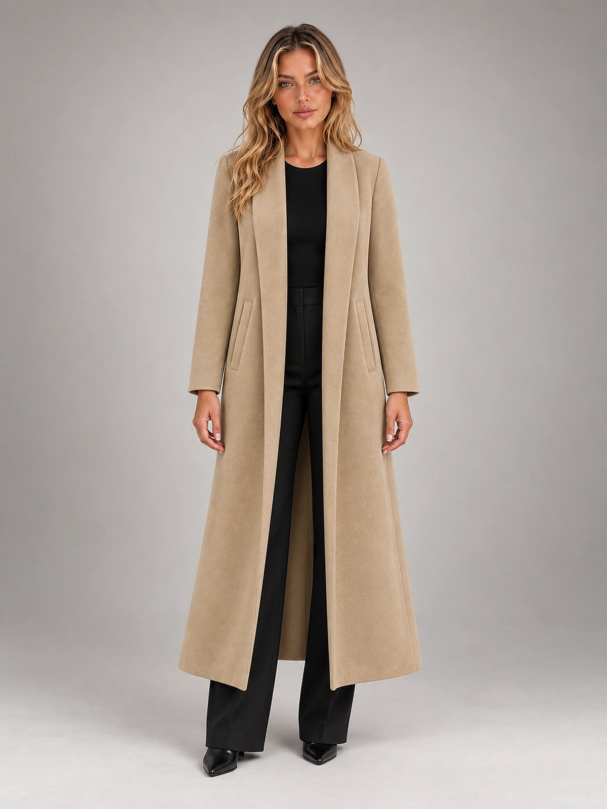 Women's Maxi Longline Coat – Open Front Relaxed in Khaki — front view