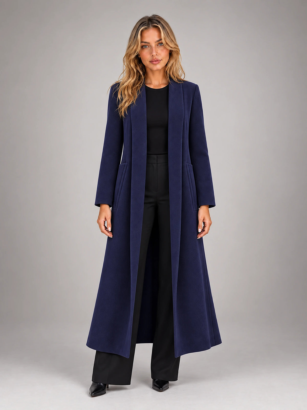 Women's Maxi Longline Coat – Open Front Relaxed in Navy Blue — front view