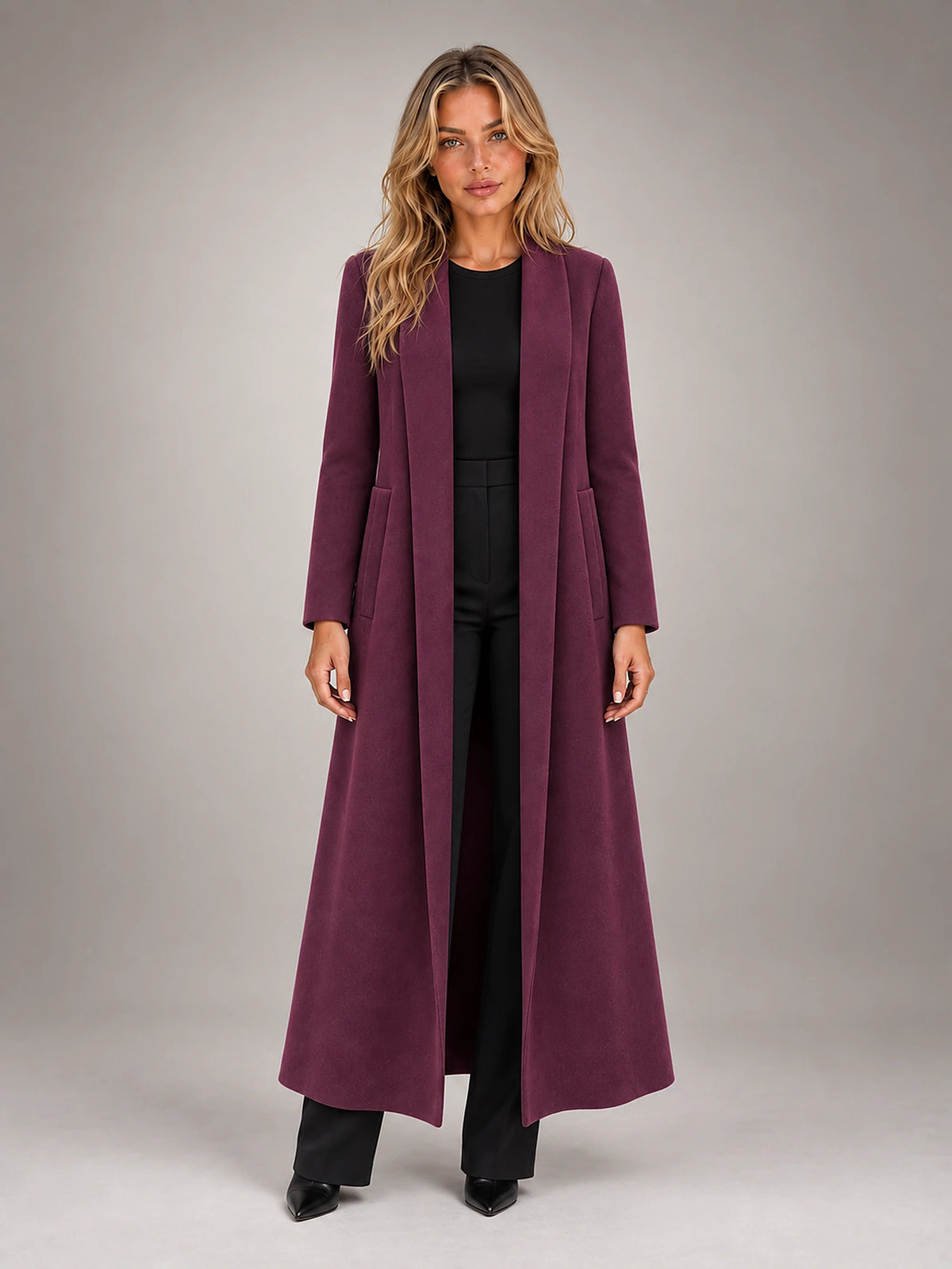Women's Maxi Longline Coat – Open Front Relaxed in Purple — front view