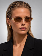 Women's Metal Oval Sunglasses – Wide Temple Detail in Gold/Brown — front view