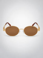 Women's Metal Oval Sunglasses – Wide Temple Detail in Gold/Brown — side view