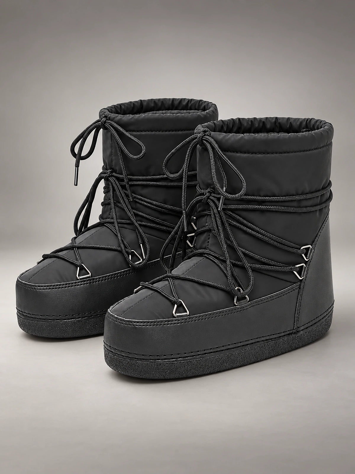 Women's Metallic Snow Boots – Lace-Up Padded Mid-Calf in Black — front view