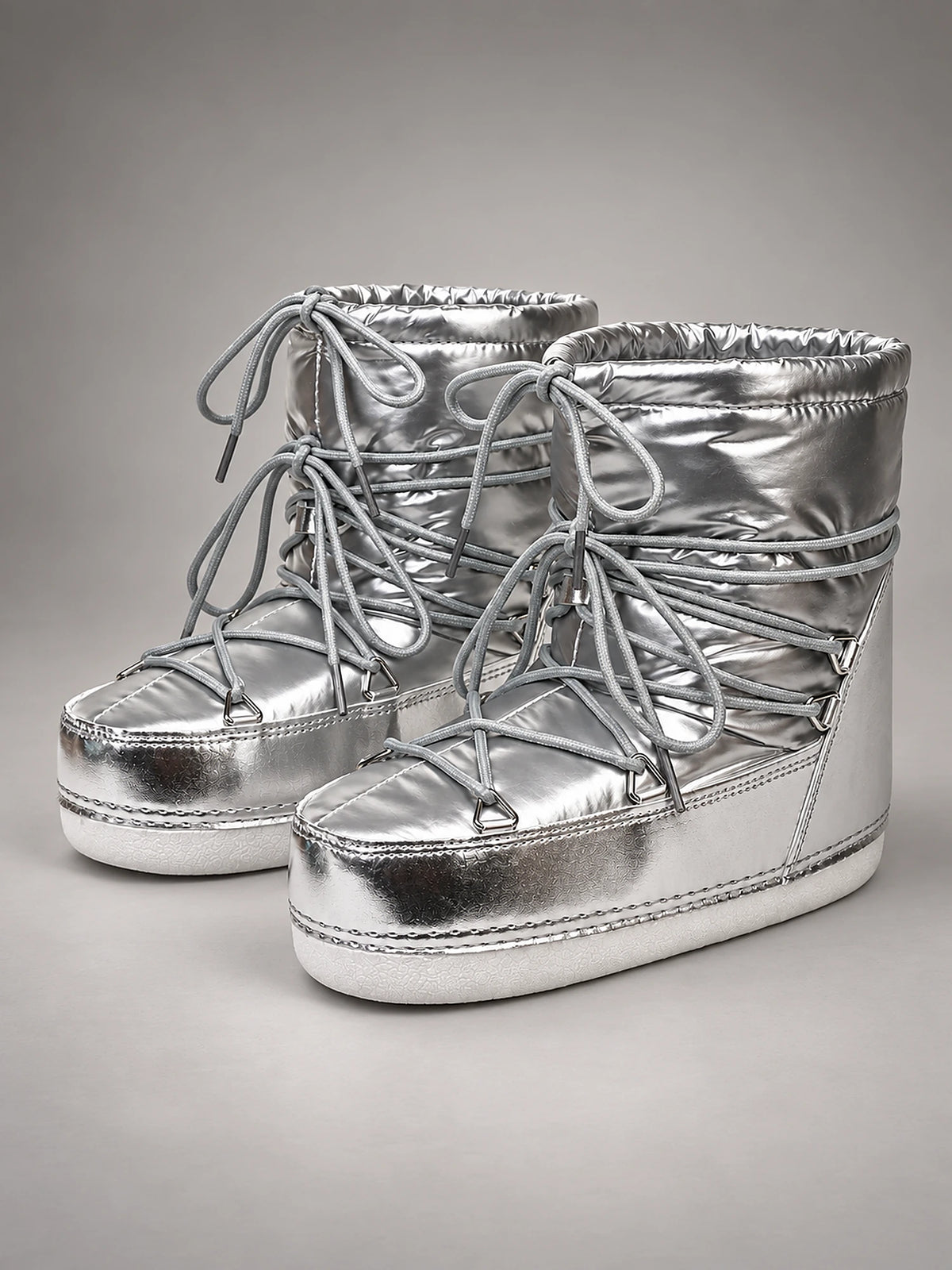 Women's Metallic Snow Boots – Lace-Up Padded Mid-Calf in Silver — front view