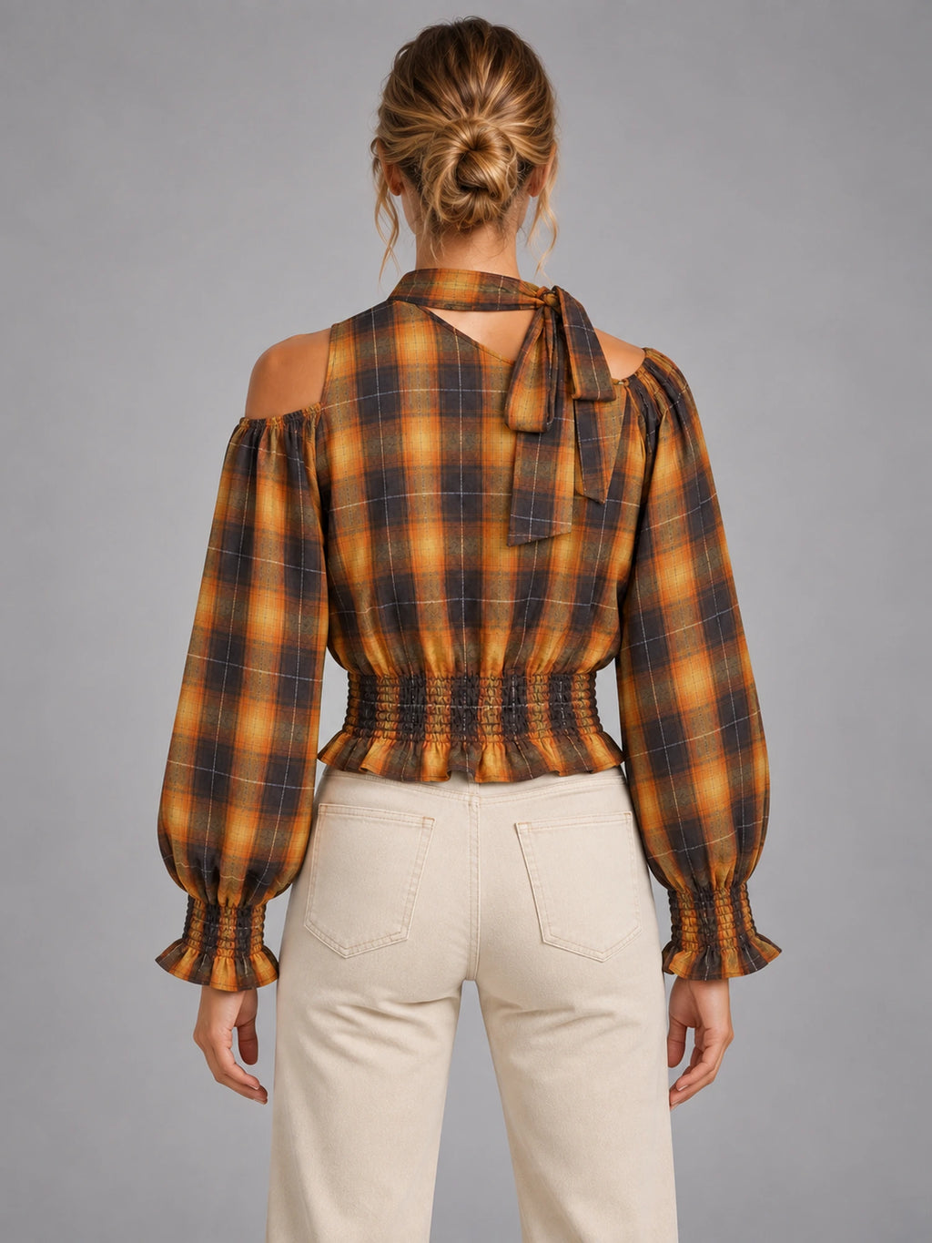 Women's Off-Shoulder Halter Check Shirt – Cinched Waist in Brown Amber Check — back view