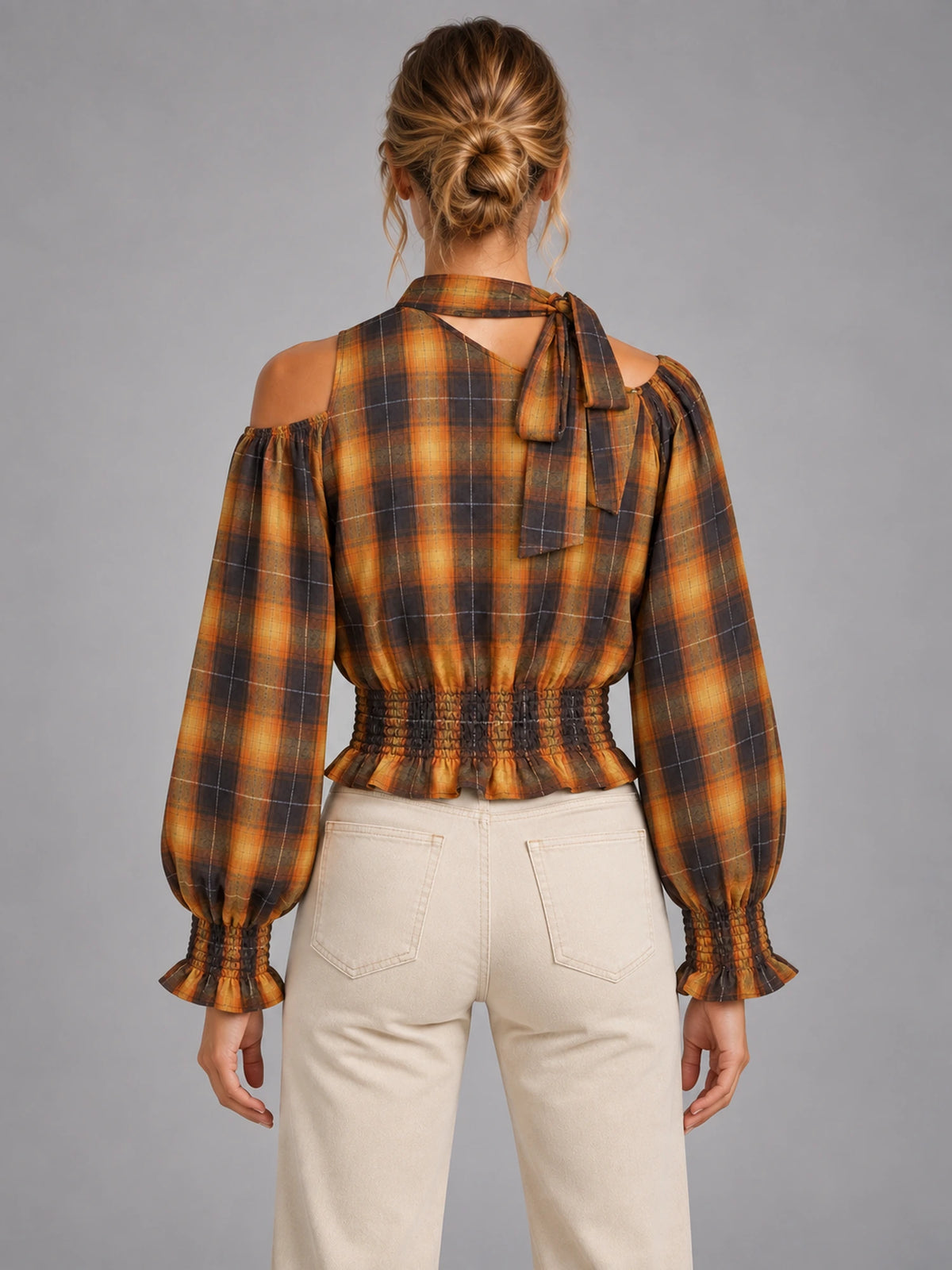 Women's Off-Shoulder Halter Check Shirt – Cinched Waist in Brown Amber Check — back view