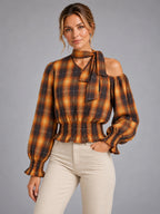 Women's Off-Shoulder Halter Check Shirt – Cinched Waist in Brown Amber Check — alternate view