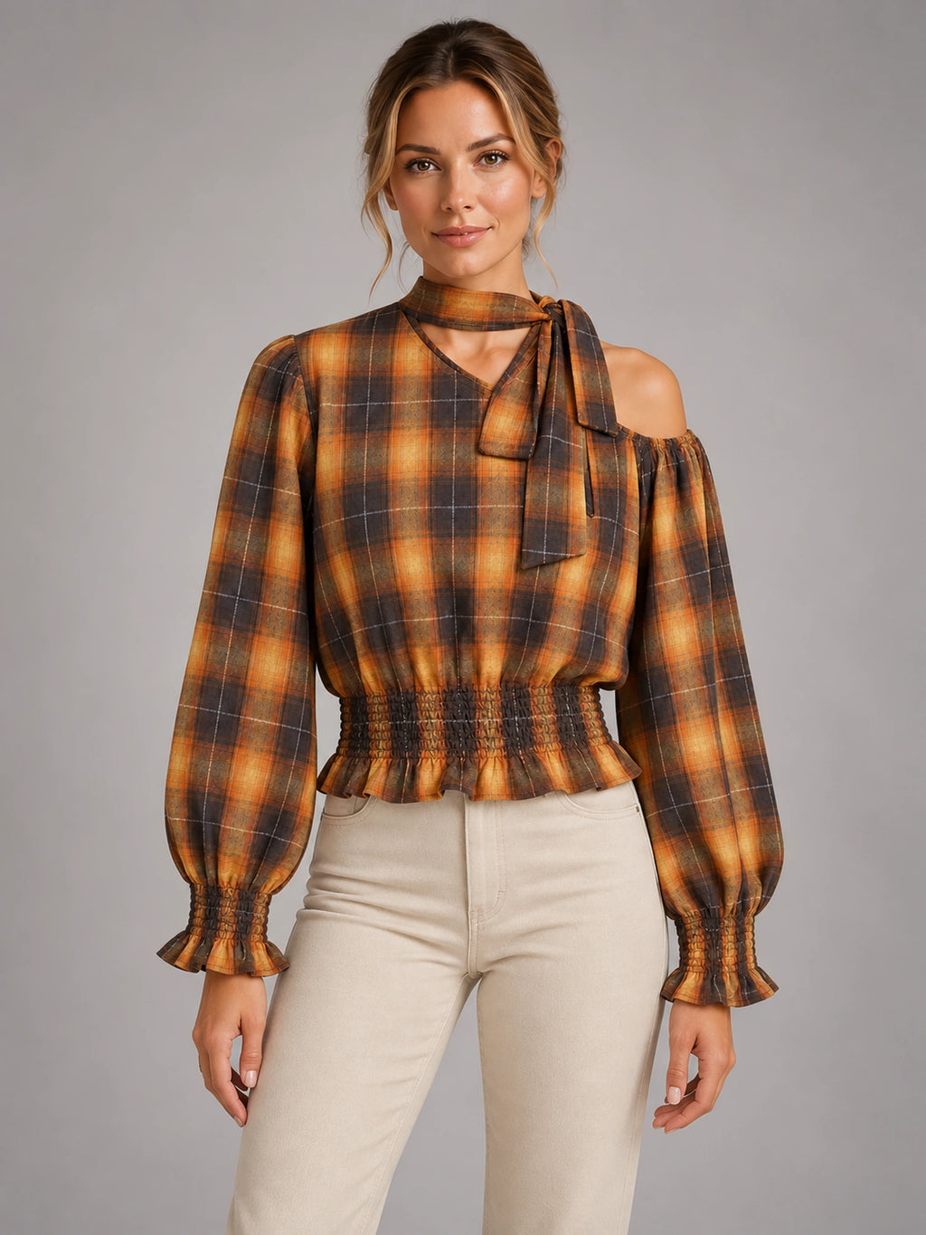 Women's Off-Shoulder Halter Check Shirt – Cinched Waist in Brown Amber Check — front view