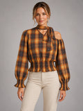 Women's Off-Shoulder Halter Check Shirt – Cinched Waist in Brown Amber Check — front view