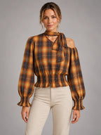 Women's Off-Shoulder Halter Check Shirt – Cinched Waist in Brown Amber Check — front view