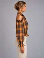 Women's Off-Shoulder Halter Check Shirt – Cinched Waist in Brown Amber Check — side view