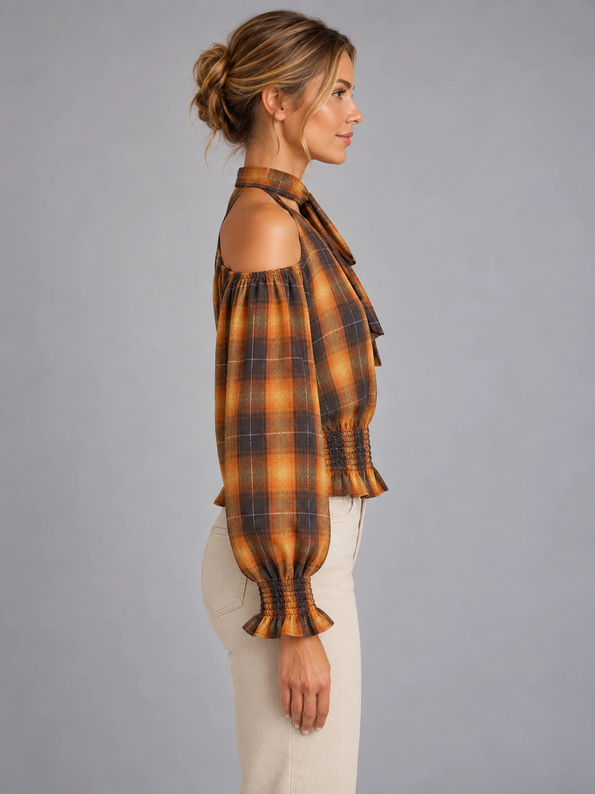 Women's Off-Shoulder Halter Check Shirt – Cinched Waist in Brown Amber Check — side view