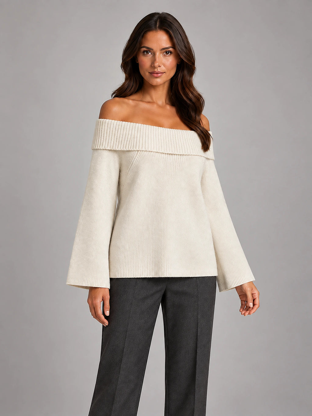 Women's Off-Shoulder Jumper – Slash Neck Knit in Beige — alternate view