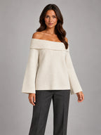Women's Off-Shoulder Jumper – Slash Neck Knit in Beige — alternate view