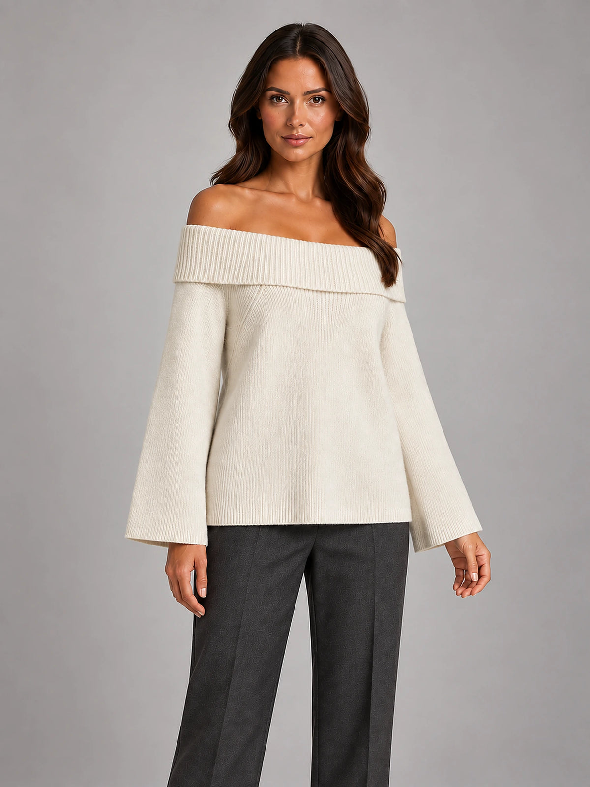 Women's Off-Shoulder Jumper – Slash Neck Knit in Beige — alternate view