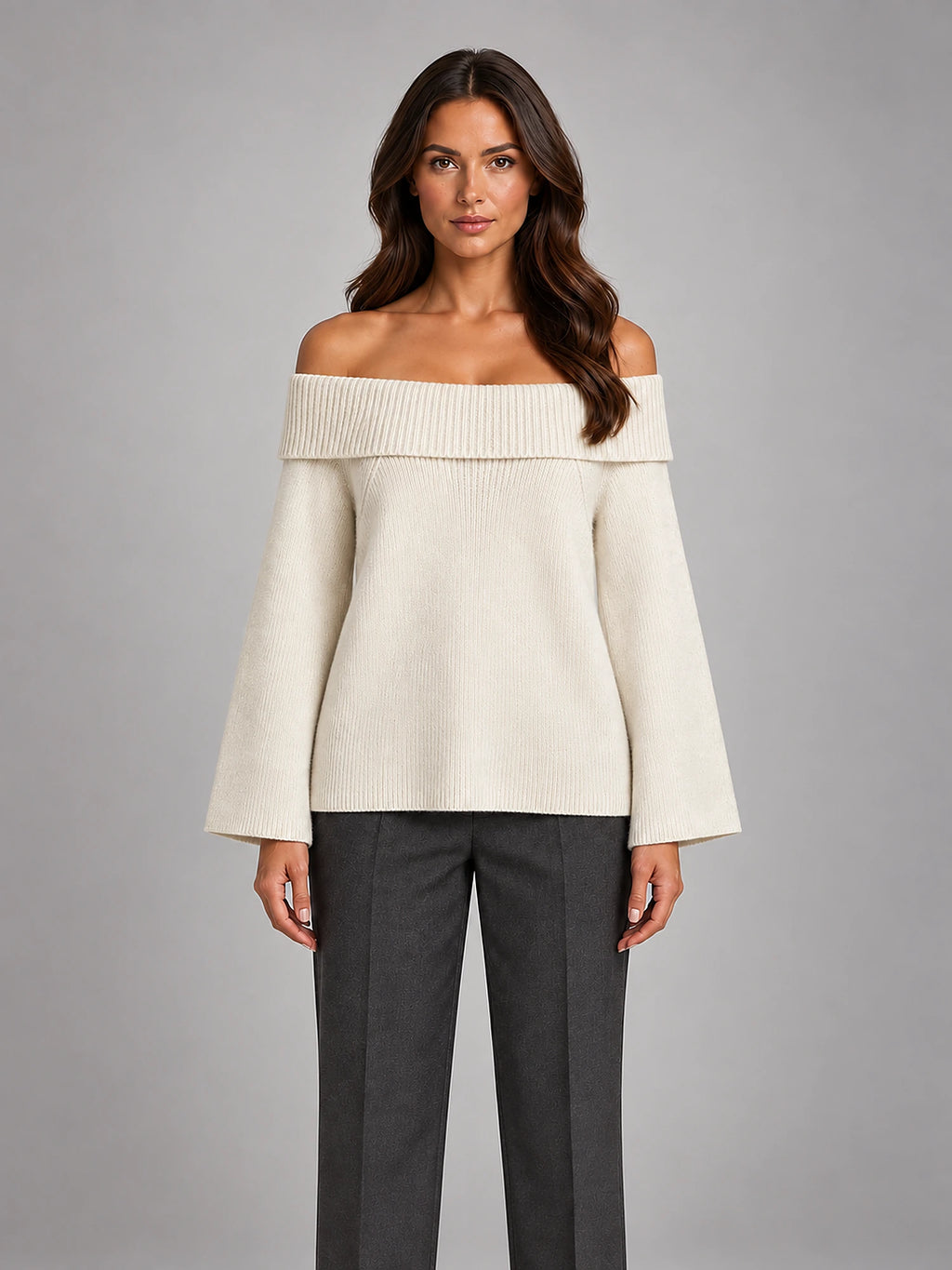 Women's Off-Shoulder Jumper – Slash Neck Knit in Beige — front view