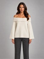 Women's Off-Shoulder Jumper – Slash Neck Knit in Beige — front view