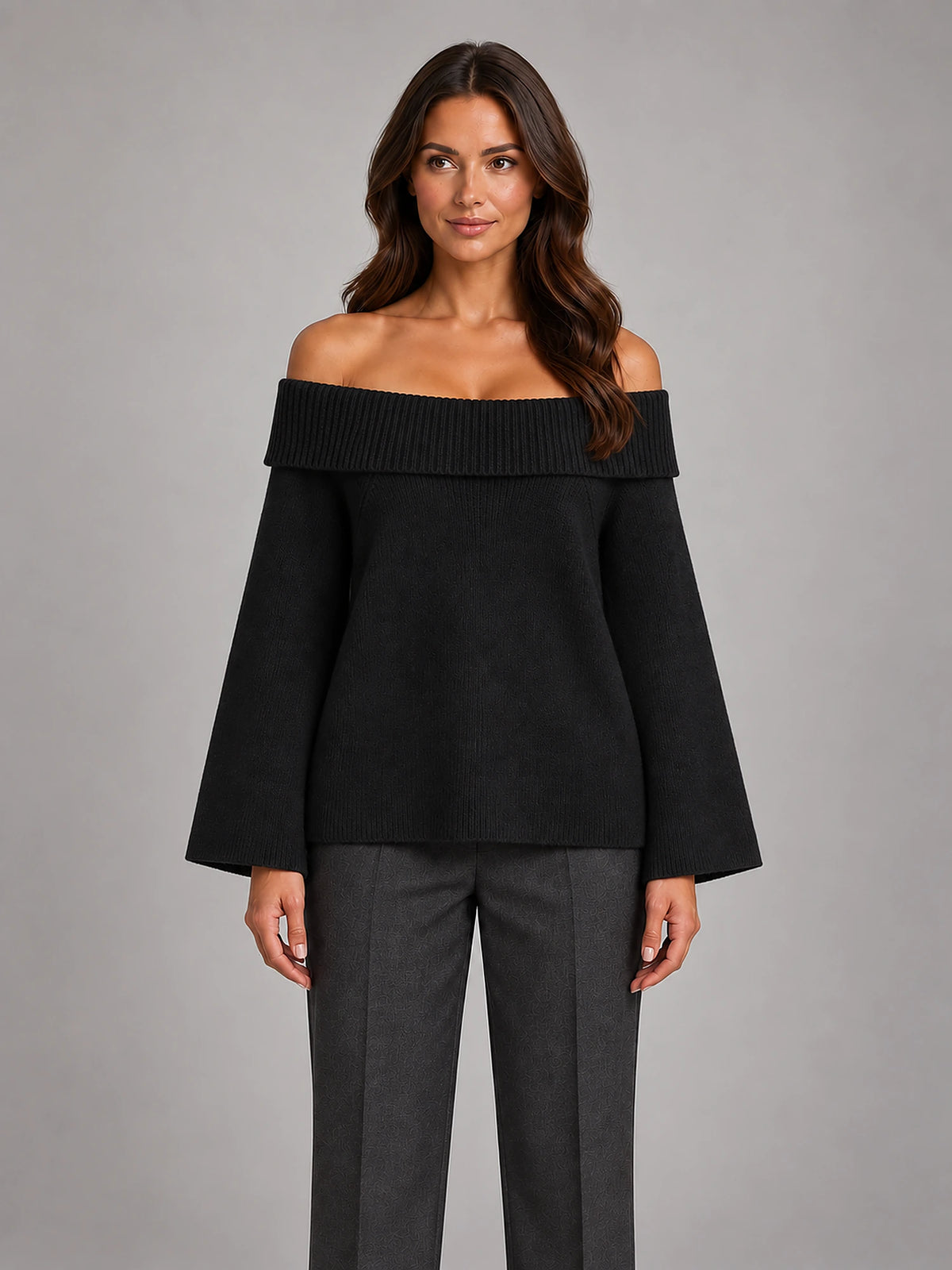 Women's Off-Shoulder Jumper – Slash Neck Knit in Black — front view
