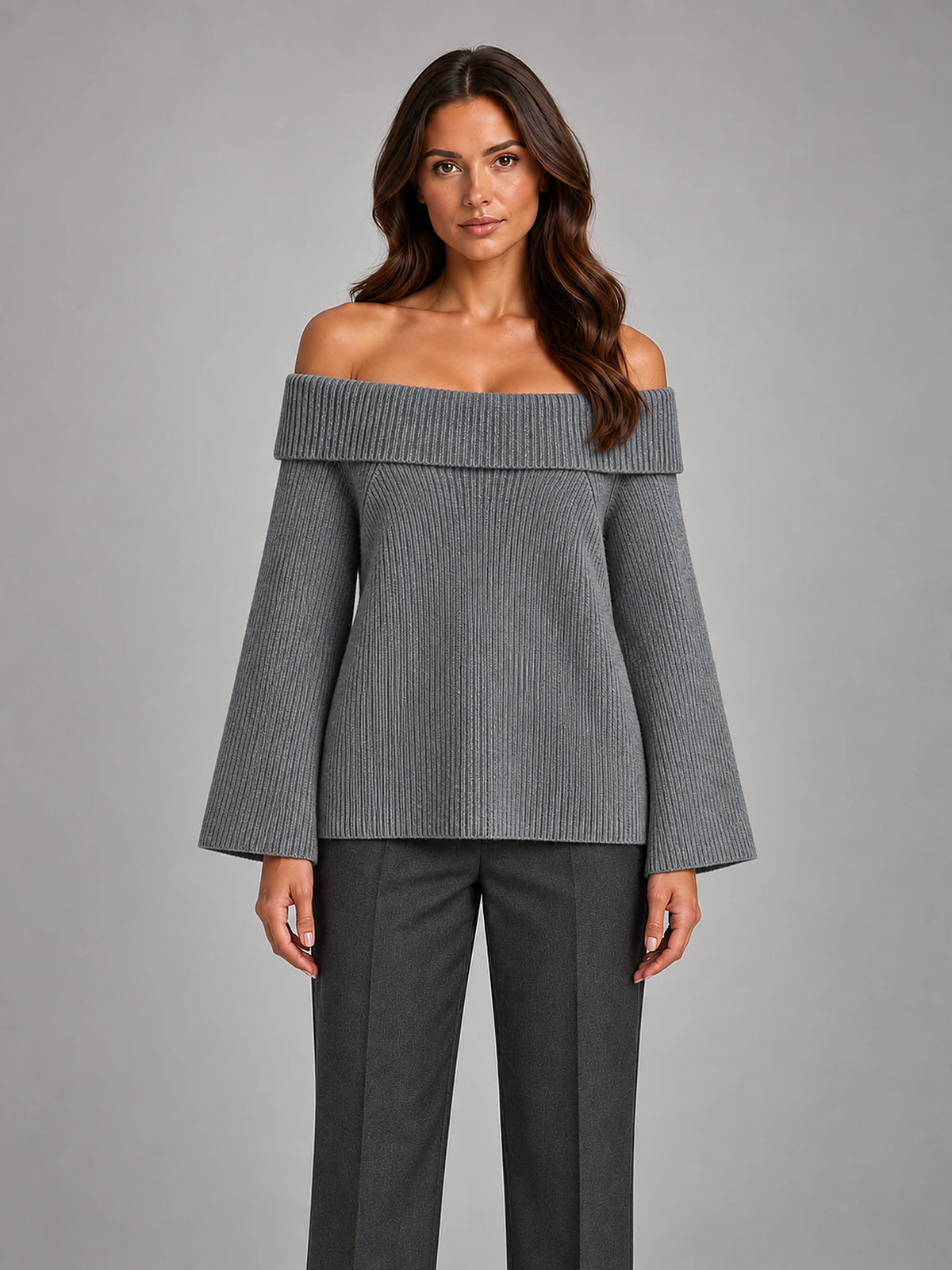Women's Off-Shoulder Jumper – Slash Neck Knit in Grey — front view