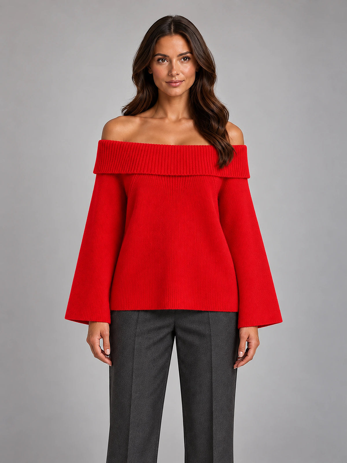 Women's Off-Shoulder Jumper – Slash Neck Knit in Red — front view