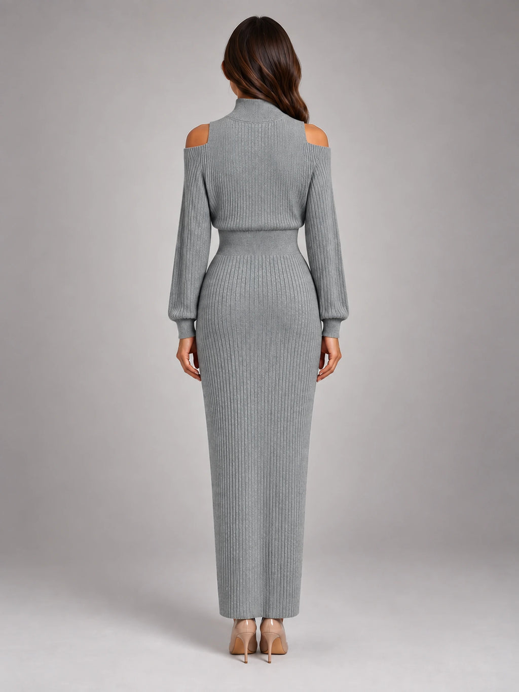 Women's Off-Shoulder Maxi Dress – Cinched Waist Slit in Grey — back view