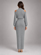Women's Off-Shoulder Maxi Dress – Cinched Waist Slit in Grey — back view