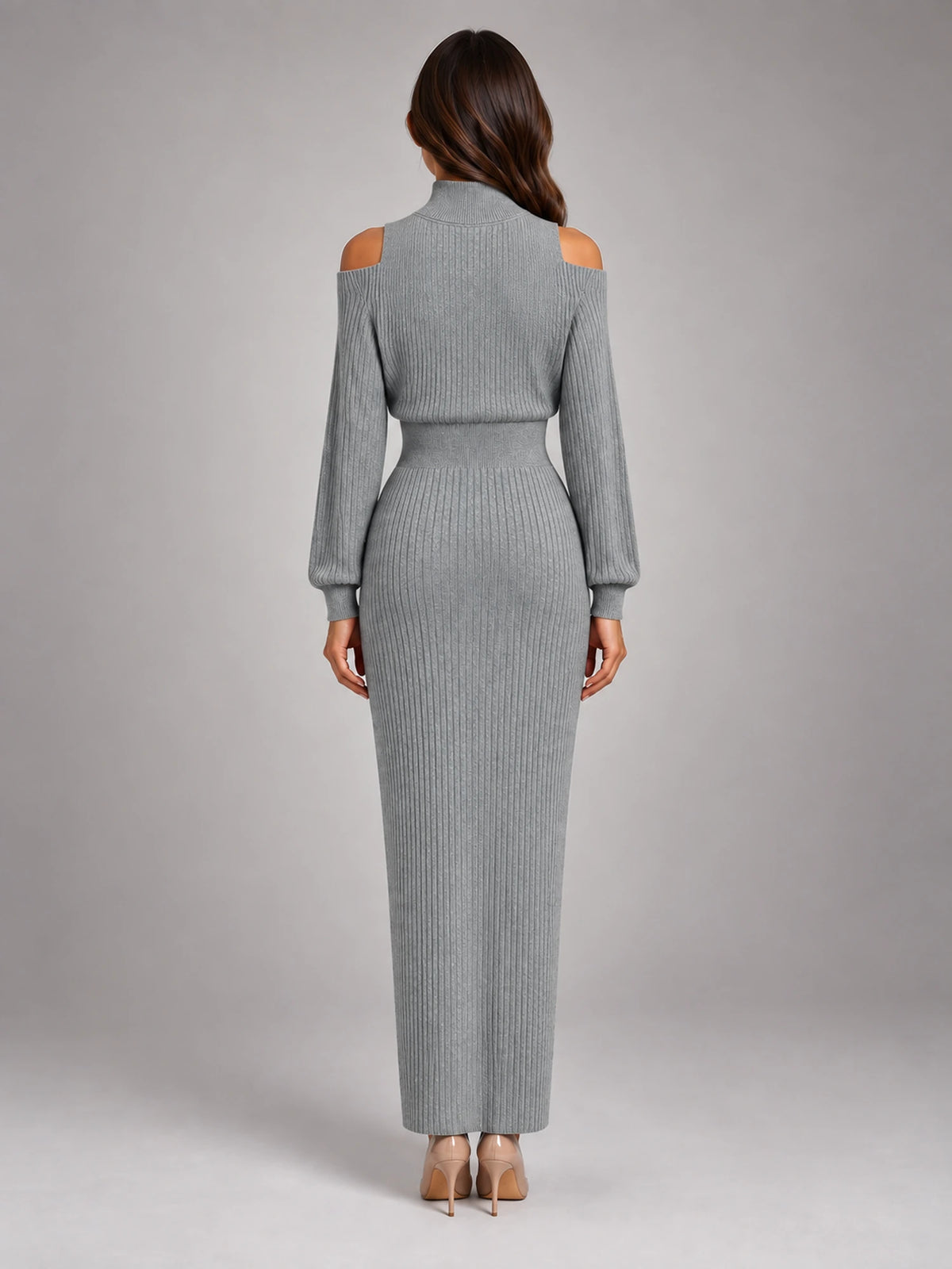 Women's Off-Shoulder Maxi Dress – Cinched Waist Slit in Grey — back view