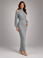 Women's Off-Shoulder Maxi Dress – Cinched Waist Slit in Grey — alternate view