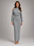 Women's Off-Shoulder Maxi Dress – Cinched Waist Slit in Grey — front view