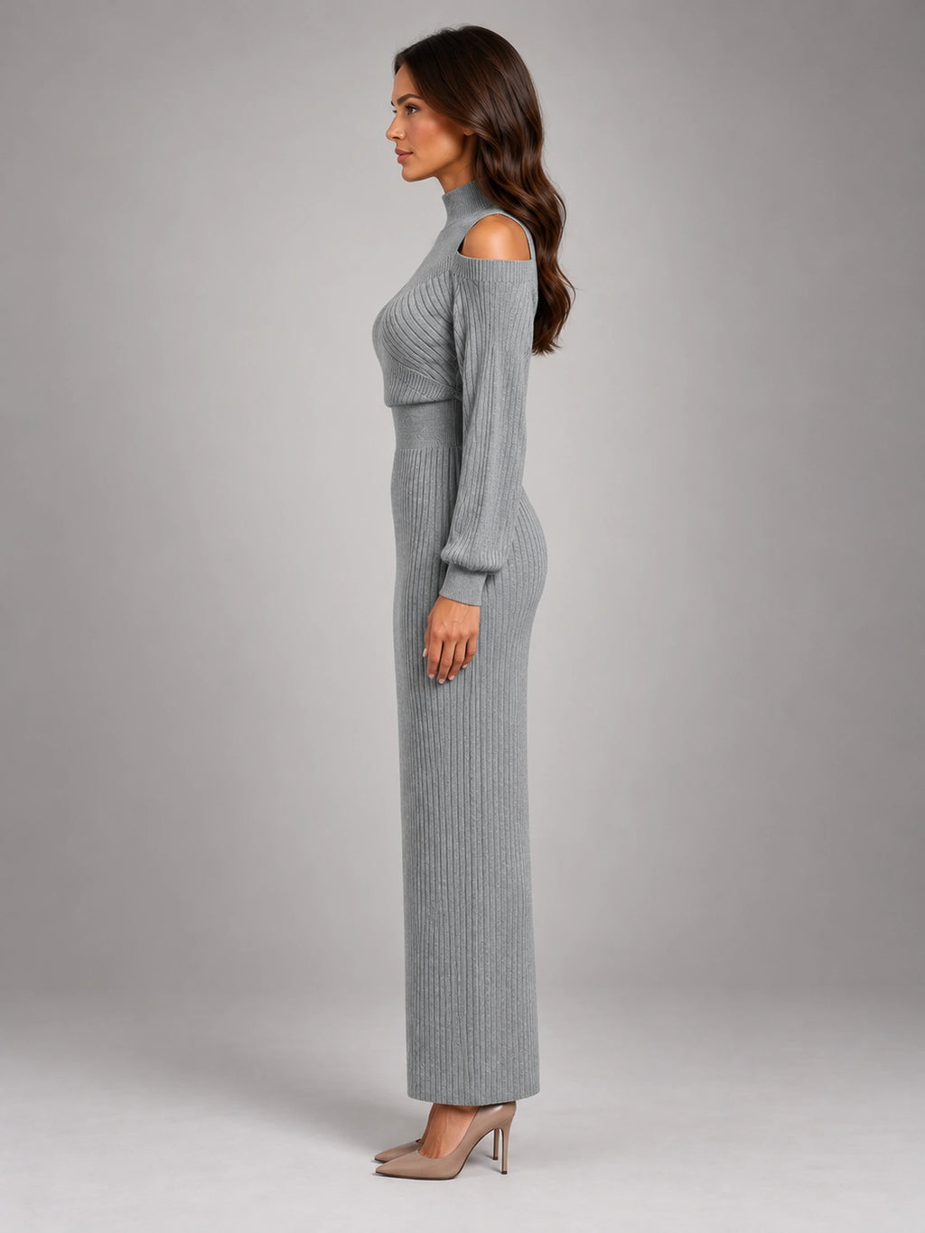 Women's Off-Shoulder Maxi Dress – Cinched Waist Slit in Grey — side view