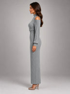 Women's Off-Shoulder Maxi Dress – Cinched Waist Slit in Grey — side view
