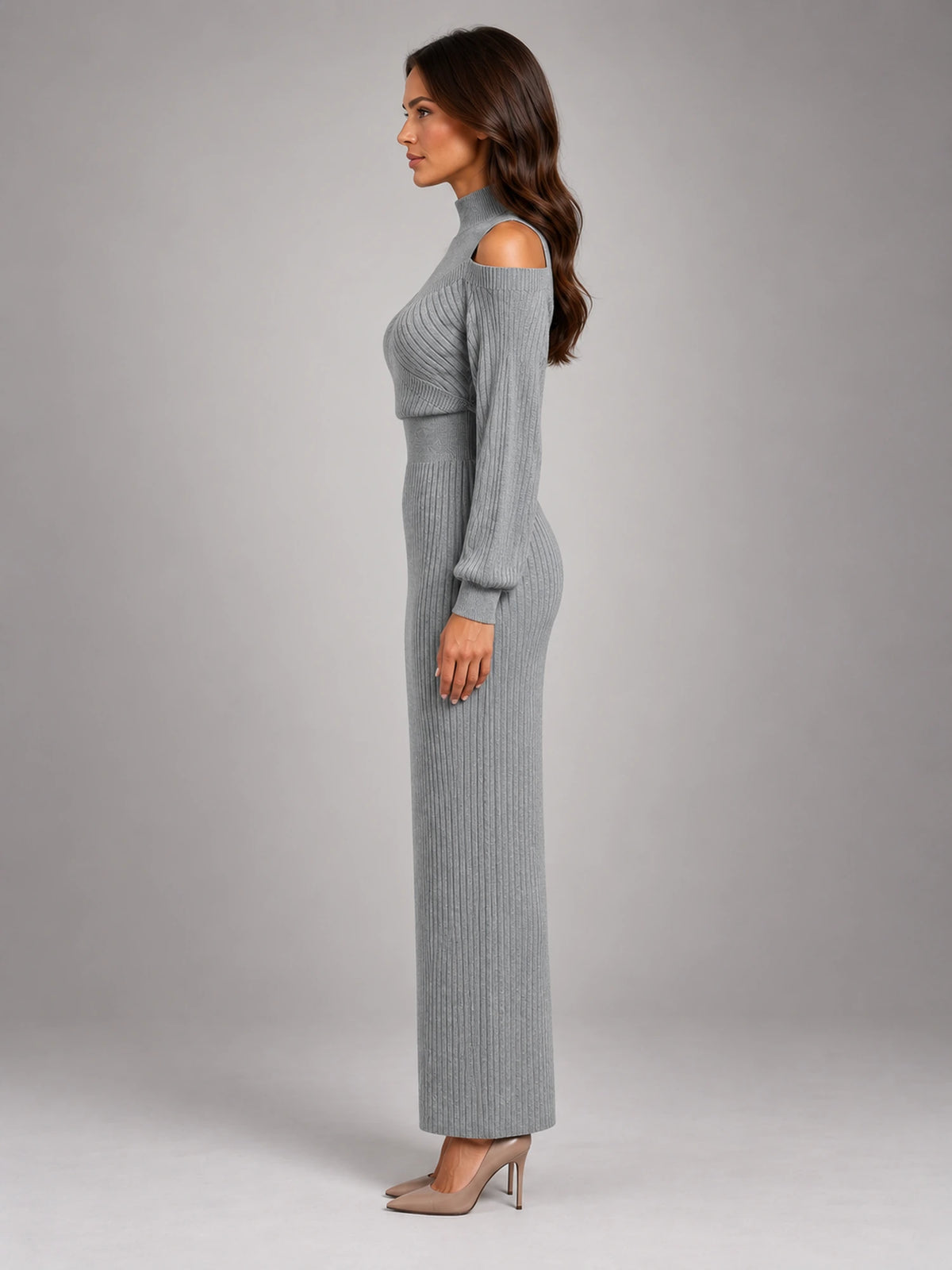 Women's Off-Shoulder Maxi Dress – Cinched Waist Slit in Grey — side view