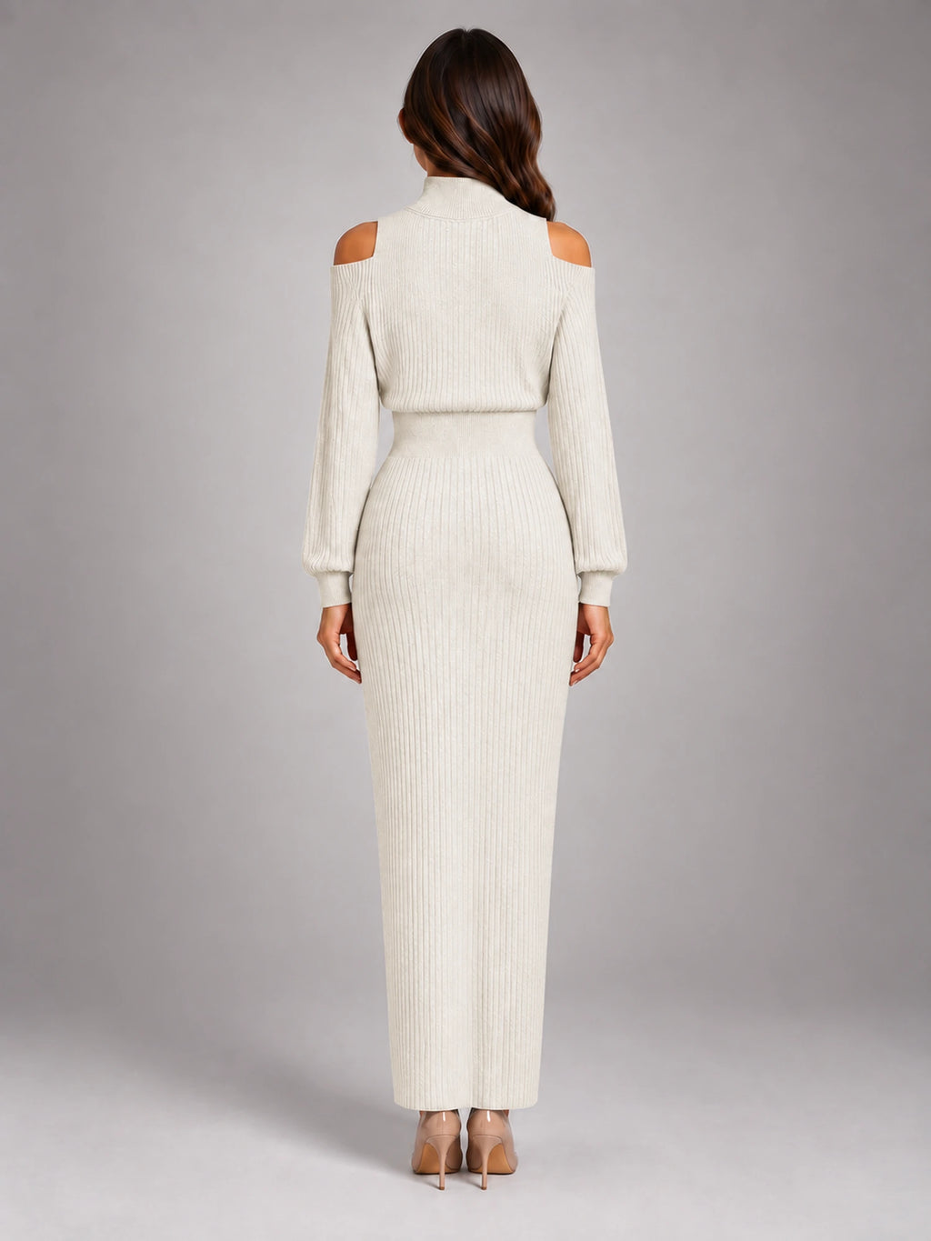 Women's Off-Shoulder Maxi Dress – Cinched Waist Slit in Ivory — back view