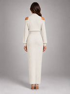 Women's Off-Shoulder Maxi Dress – Cinched Waist Slit in Ivory — back view