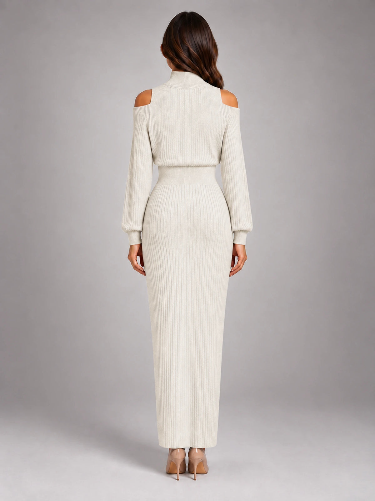 Women's Off-Shoulder Maxi Dress – Cinched Waist Slit in Ivory — back view