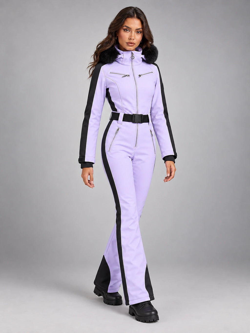 Women's One-Piece Ski Suit – Snowboard Jumpsuit in Lavender/Black — alternate view