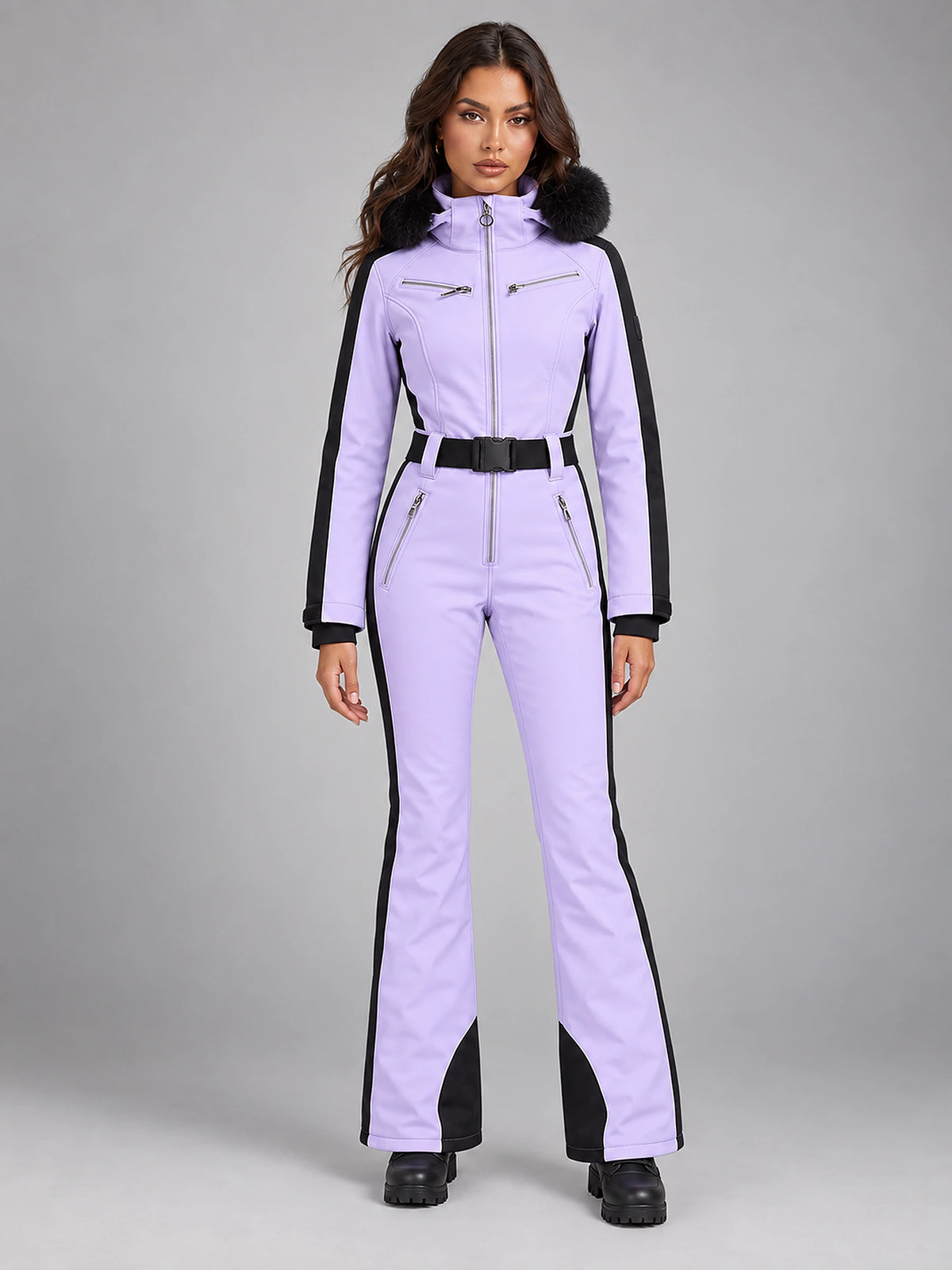 Women's One-Piece Ski Suit – Snowboard Jumpsuit in Lavender/Black — front view