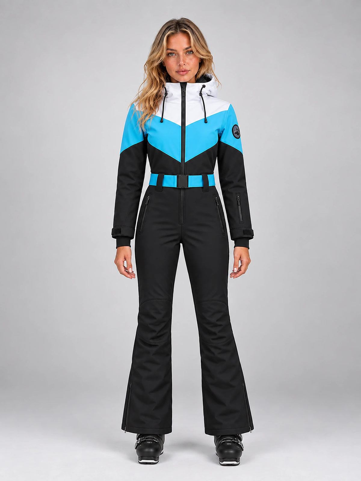 Women's One-Piece Ski Suit – Snowboard Jumpsuit in Black/Turquoise — front view
