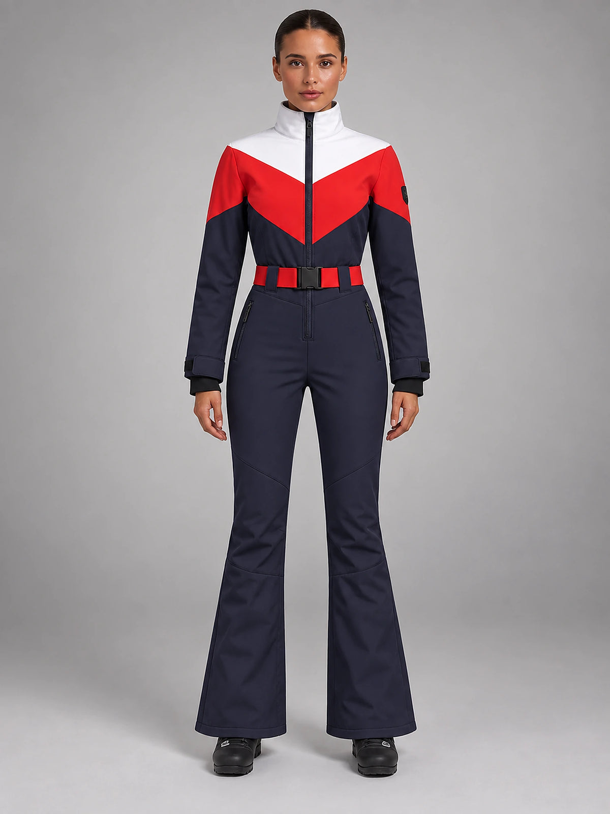 Women's One-Piece Ski Suit – Snowboard Jumpsuit in Navy/Red/White — front view